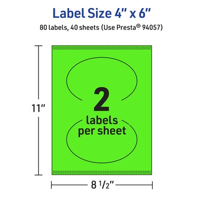 Avery Laser/Inkjet Multipurpose Oval Labels, 4" x 6", Neon Green, 80/Pack (94057)