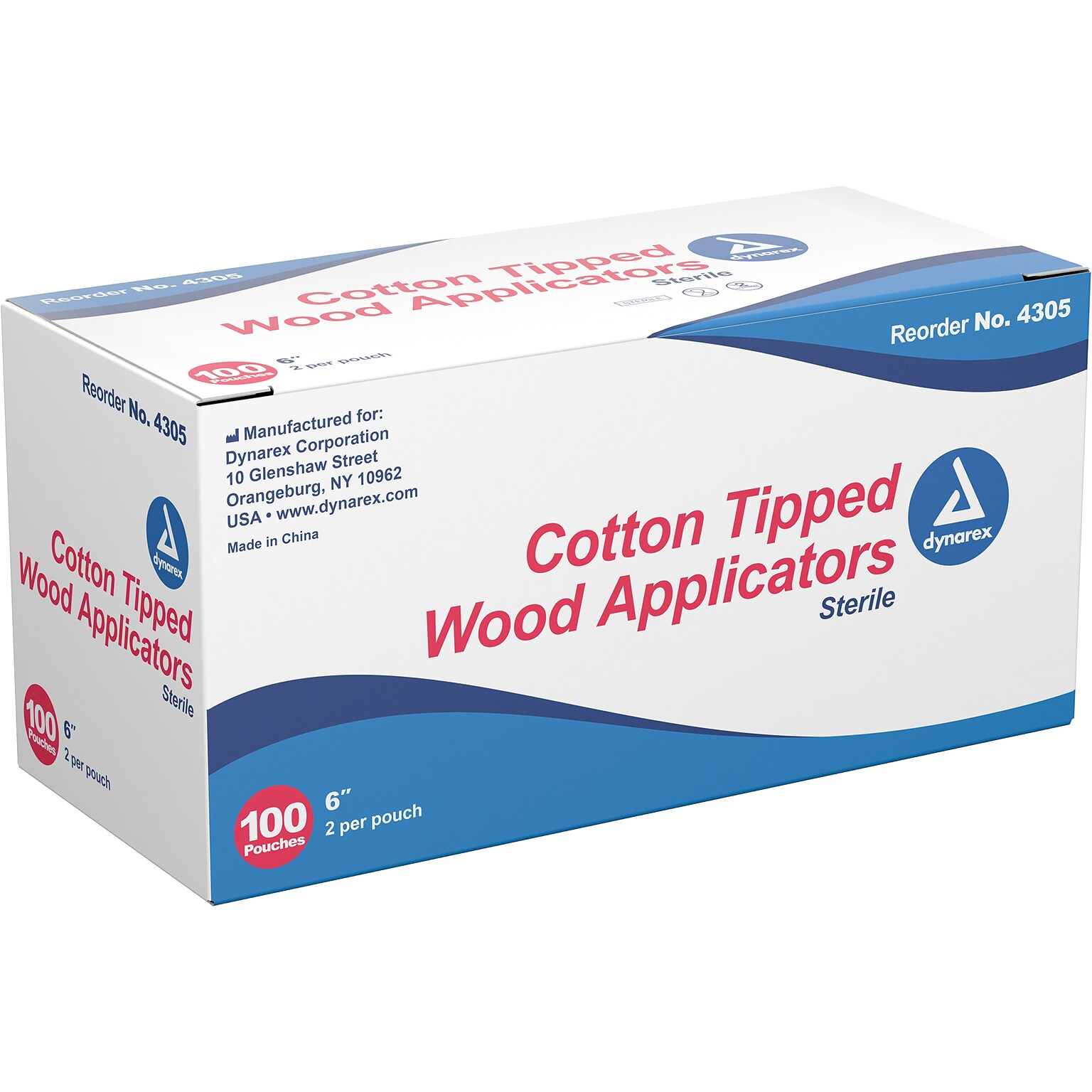 Dynarex Cotton-Tipped Applicator, Sterile, 2/Pouch, 100 Pouches/Box, 10 Boxes/Carton (4302)