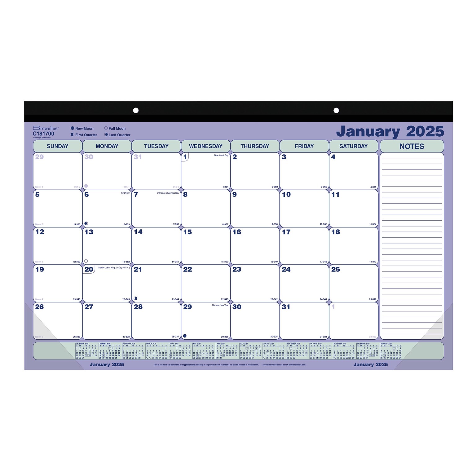 2025 Brownline 17.75" x 10.87" Monthly Desk Pad Calendar, White/Blue
