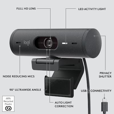 Logitech Brio 500 HD 1080p Webcam, 4 Megapixels, Graphite (960-001493)