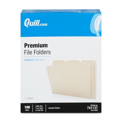 Quill Brand® Premium File Folders,  Assorted Tabs, 1/3-Cut, Letter Size ,Manila, 100/Box (741137)