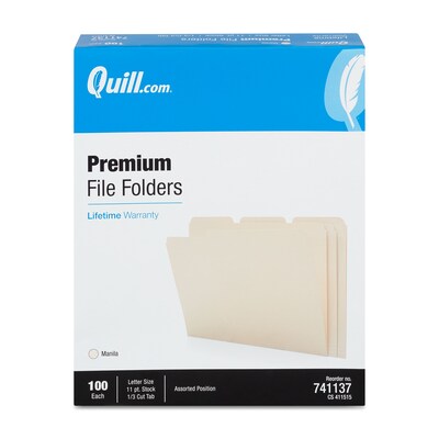 Quill Brand® Premium File Folders,  Assorted Tabs, 1/3-Cut, Letter Size ,Manila, 100/Box (741137)