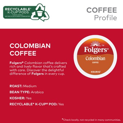 Folgers 100% Colombian Coffee, Keurig K-Cup Pod, Medium Roast, 24/Box, 4 Boxes/Carton (6659CT)