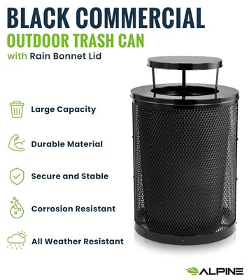 Alpine Industries 4460 Steel Mesh Outdoor Trash Can with Covered Top with Open Sides Lid, 36 Gallon, Black (ALP4460-01-B)