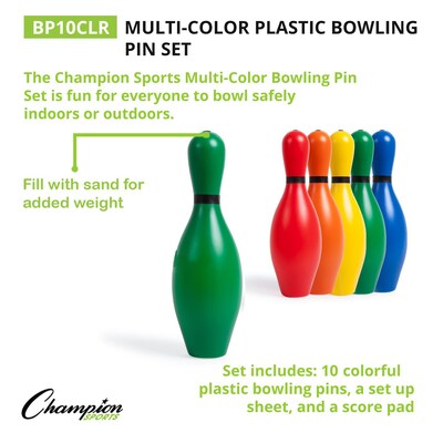 Champion Sports Plastic Bowling Pin Set, Assorted Colors, 10/Set (CHSBP10CLR)