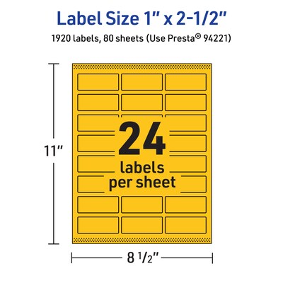 Avery Laser/Inkjet Rectangle Multipurpose Labels, 1" x 2.5", Bright Yellow, 1920/Box (94221)