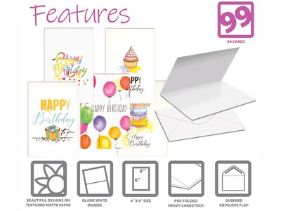 Better Office Fun & Chic Birthday Cards with Envelopes, 6" x 4", Assorted Colors, 99/Pack (64532-99PK)
