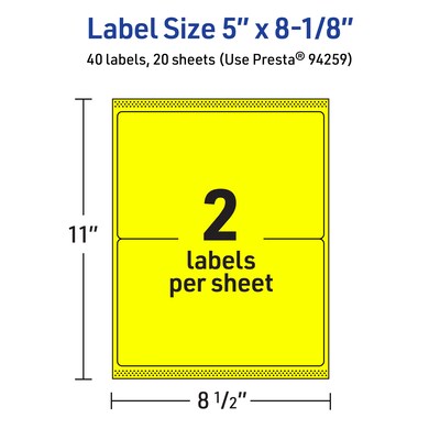 Avery Rectangle Multipurpose Labels, 5" x 8-1/8", Neon Yellow, 40/Pack (94259)