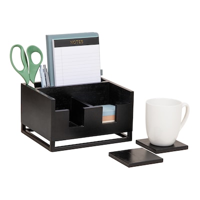 Mind Reader Desktop Organizer with 2 Coasters, 3 Compartments, Black (COASDORG-BLK)