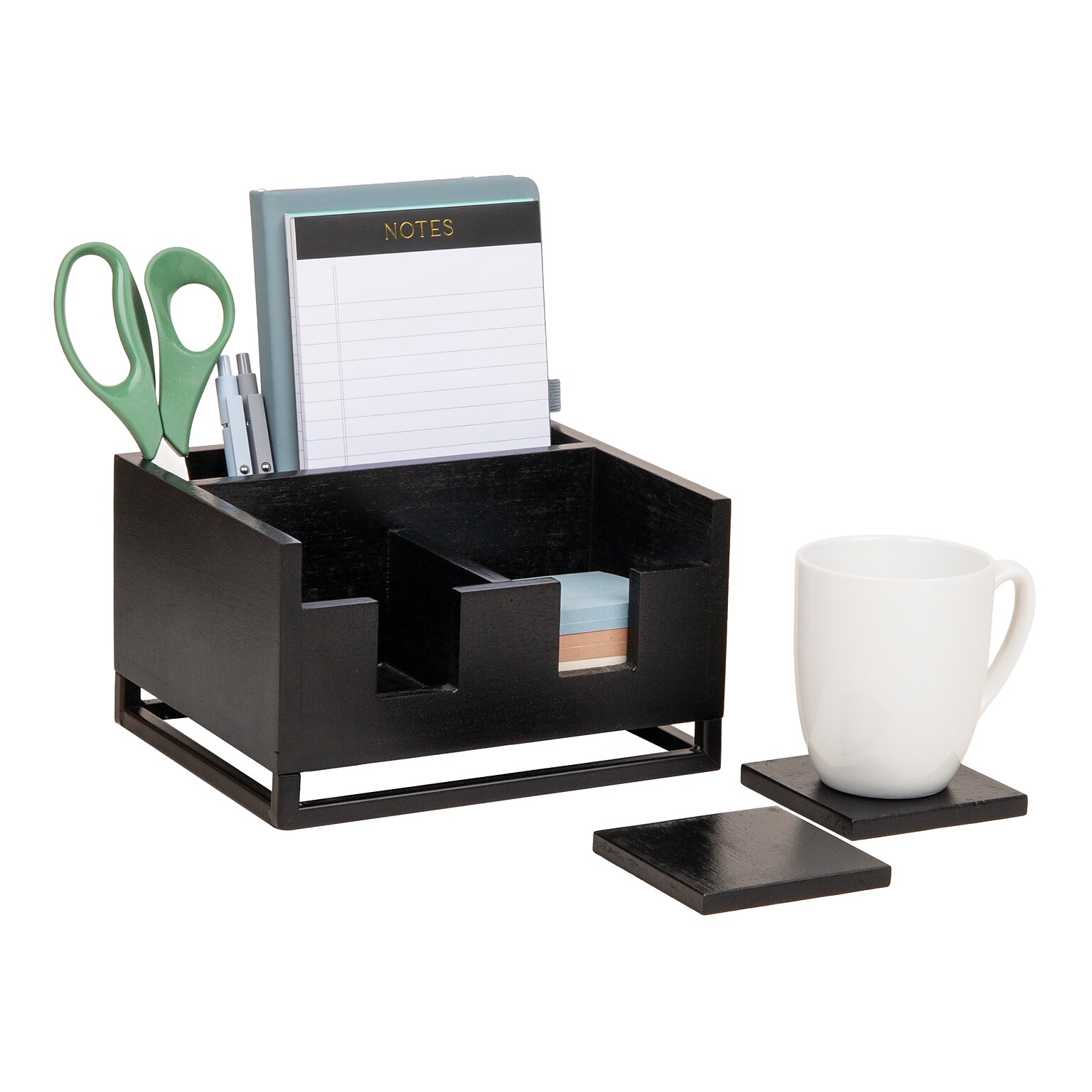 Mind Reader Desktop Organizer with 2 Coasters, 3 Compartments, Black (COASDORG-BLK)
