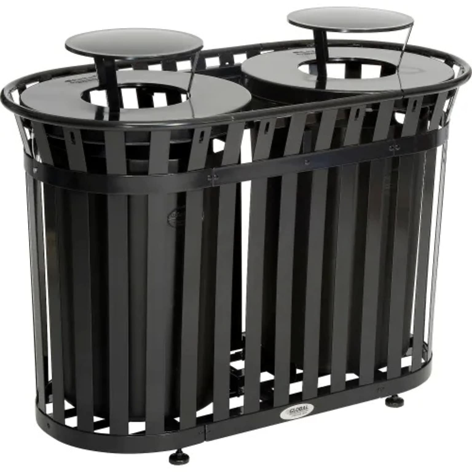 Global Industrial Outdoor Slatted Steel Trash Can w/ Rain Bonnet Lid, 72 Gallon, Black (641432BK)