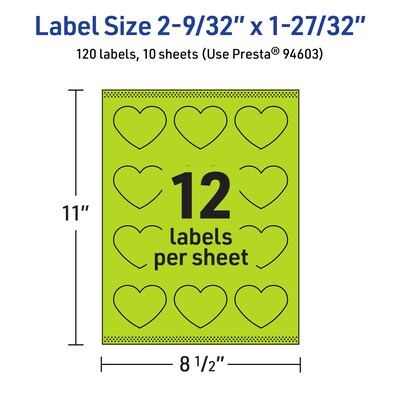 Avery Printable Heart Shaped Multipurpose Labels, 2-9/32" x 1-27/32", Bright Green, 120/Pack (94603)