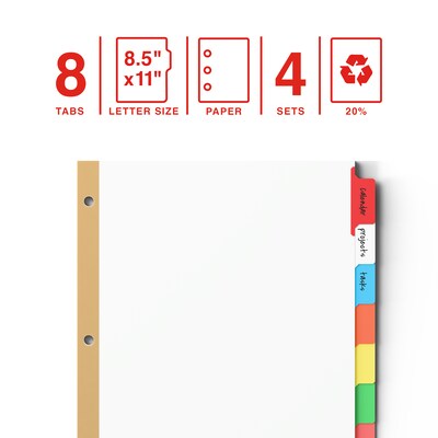 Staples® Write-On™ BIG TAB Dividers, 8-Tab Set, Color Tabs, 4/Pack