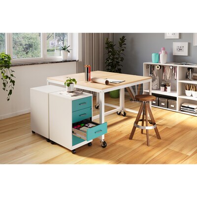 Space Solutions 18" 4-Drawer Metal Mobile Organizer, Locking, Pearl White/Teal (25948)