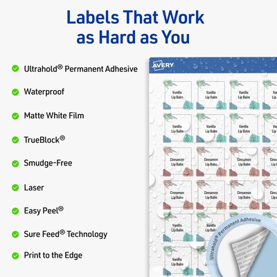 Avery Waterproof Square Laser Multipurpose Labels, 1 x 1, White, 1200/Pack (19479399469)