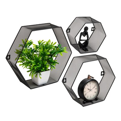 Mind Reader 3-Shelf Metal Honeycomb Hexagon Floating Shelves, Black, 3/Set (WALL3PC-BLK)