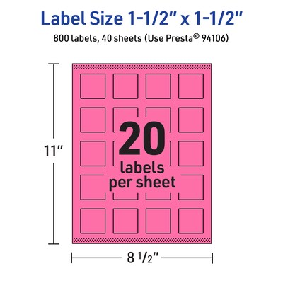 Avery Laser/Inkjet Square Multipurpose Labels, 1.5" x 1.5", Bright Pink, 800/Pack (94106)