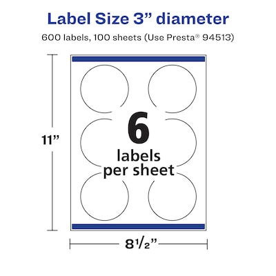 Avery Laser/Inkjet Round Multipurpose Labels, 3" Dia., White, 600/Box (94513)