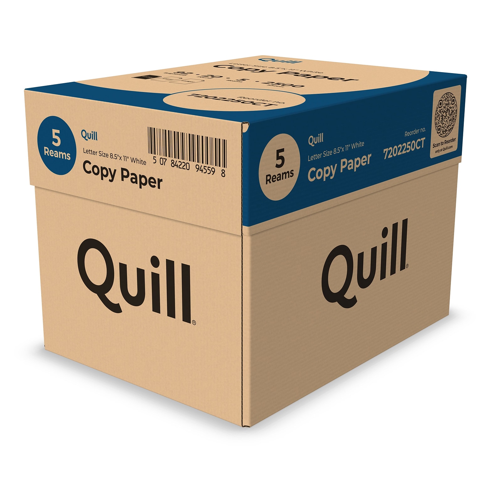 Quill Brand® 8.5 x 11 Copy Paper, 20 lbs., 92 Brightness, 500 Sheets/Ream, 5 Reams/CT (7202250CT)