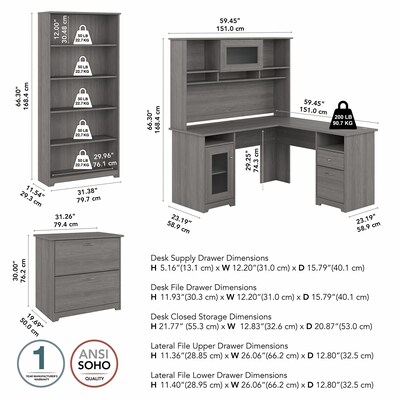 Bush Furniture Cabot 60W L Shaped Computer Desk with Hutch, File Cabinet and Bookcase, Modern Gray (CAB010MG)
