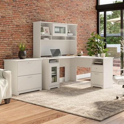 Bush Furniture Cabot 60" L-shaped Computer Desk with Hutch and Lateral File Cabinet, White (CAB005WHN)