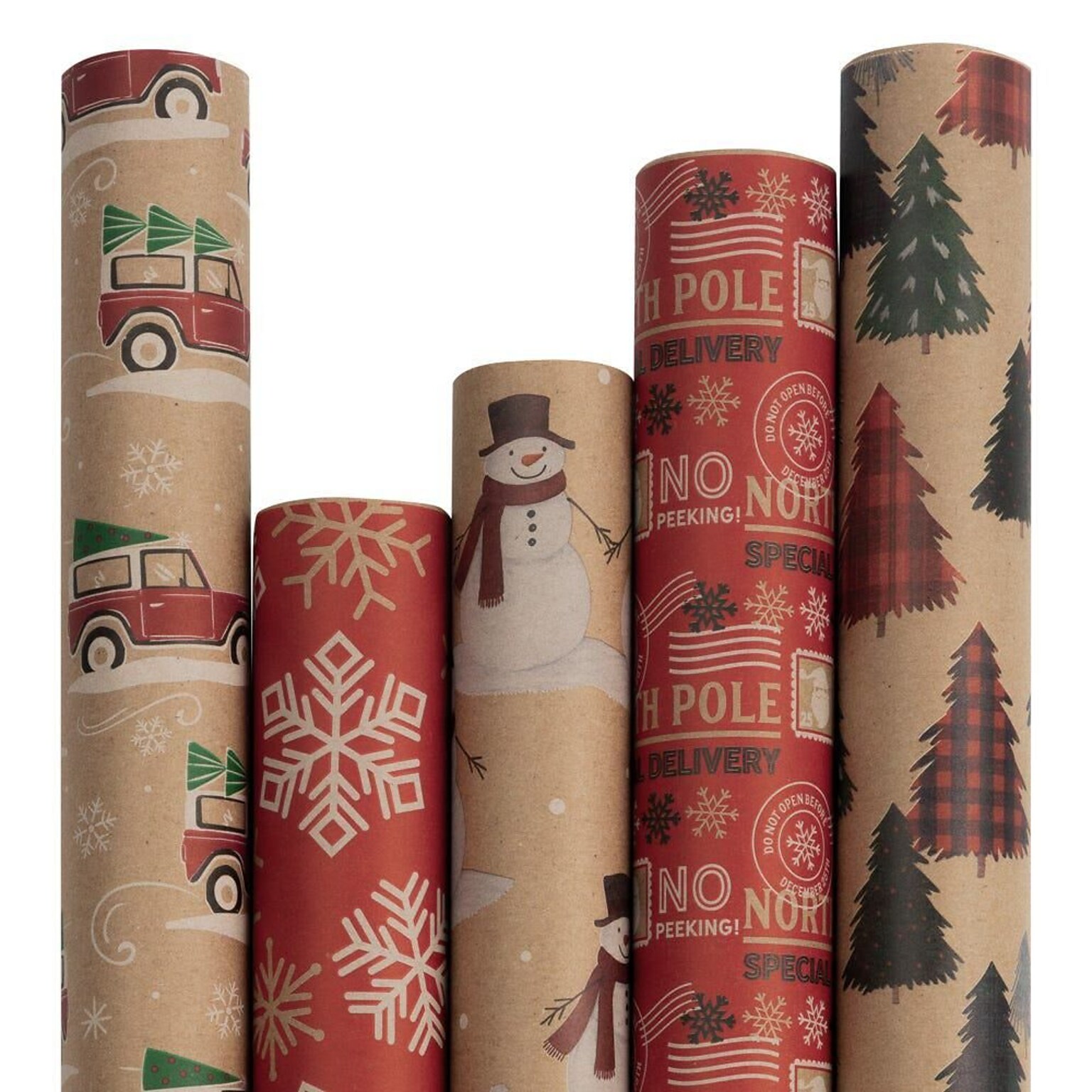 JAM Paper Christmas Wrapping Paper, 25 Sq. ft. x 30, Kids Kraft Christmas Set, 5 Rolls/Pack (165K5KRKID)