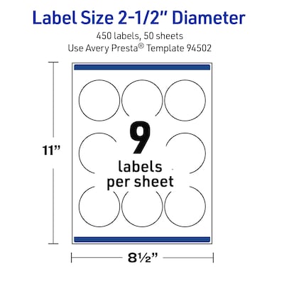 Avery Round Laser Multipurpose Labels, 2.5" Dia., White, 450/Box (19479399410)