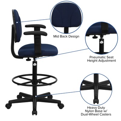 Flash Furniture Ergonomic Fabric Drafting Stool, Adjustable Arms, Navy Blue (BT659NVYARMS)
