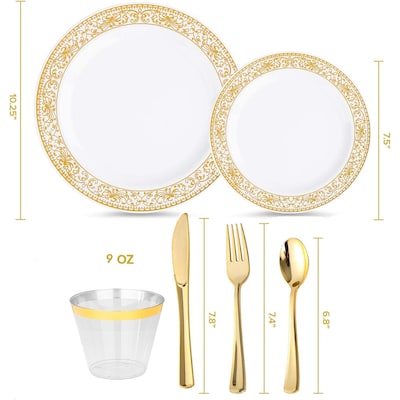 Round Elama Plastic Dinnerware Set, White/Gold, 150 Piece (935123350M)