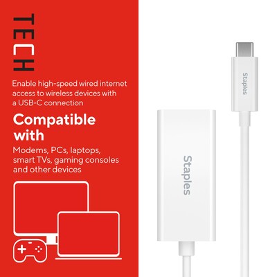 Staples TECH USB-C to Ethernet Adapter, Female to Male, White (ST62369)