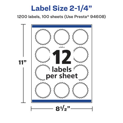 Avery Laser/Inkjet Multipurpose StarburstLabels, 2.25" Dia, Glossy White, 1200/Box (94608)
