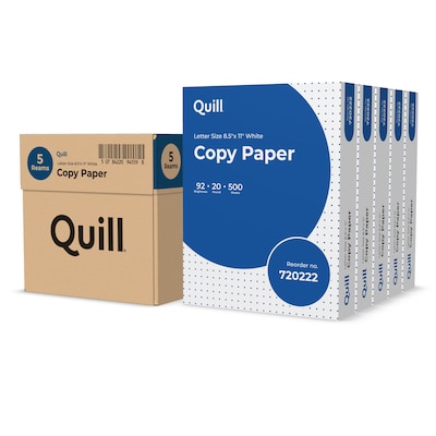 Quill Brand® 8.5" x 11" Copy Paper, 20 lbs., 92 Brightness, 500 Sheets/Ream, 5 Reams/CT (7202250CT)