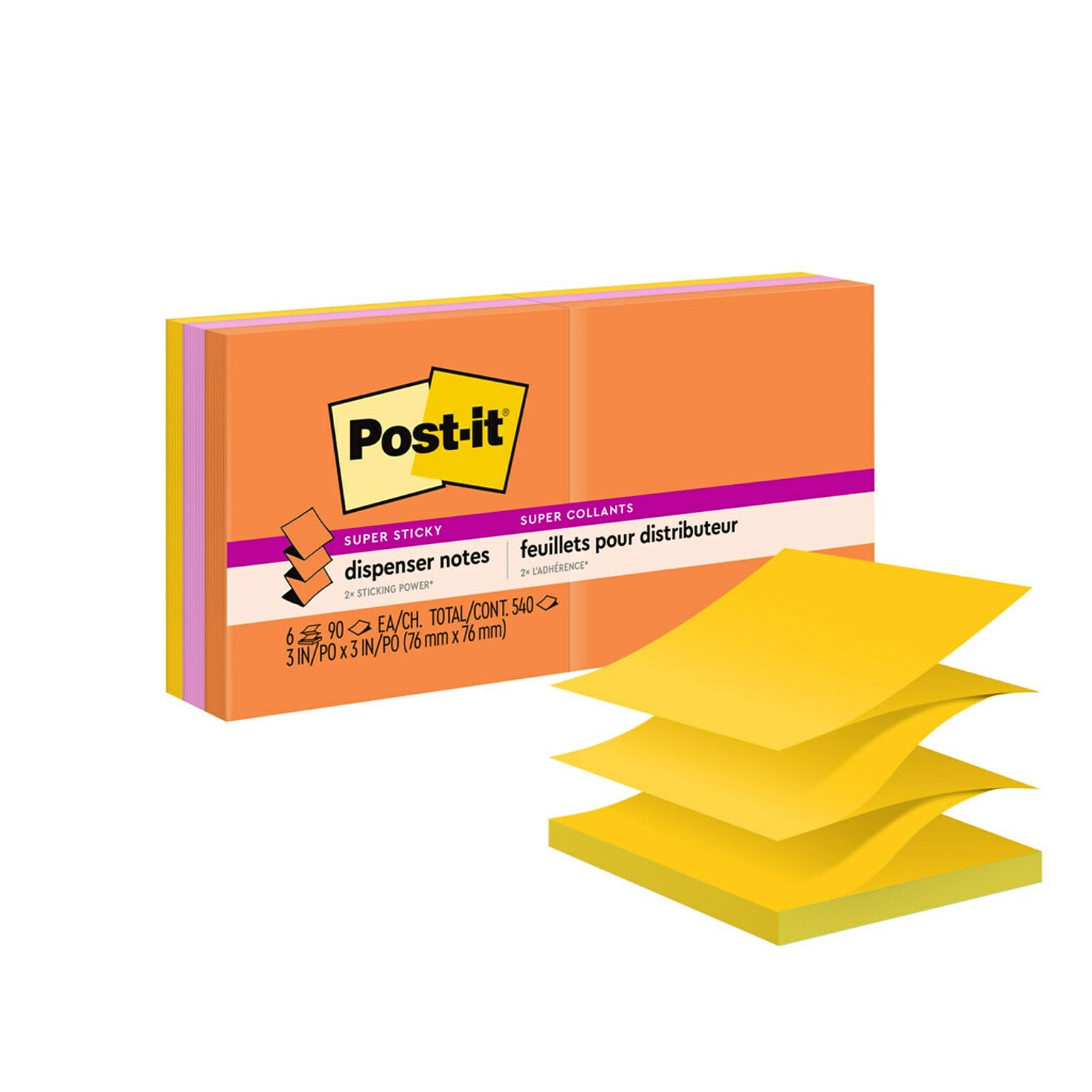 Post-it Super Sticky Pop-up Notes, 3 x 3, Energy Boost Collection, 90 Sheet/Pad, 6 Pads/Pack (R330-6SSUC)