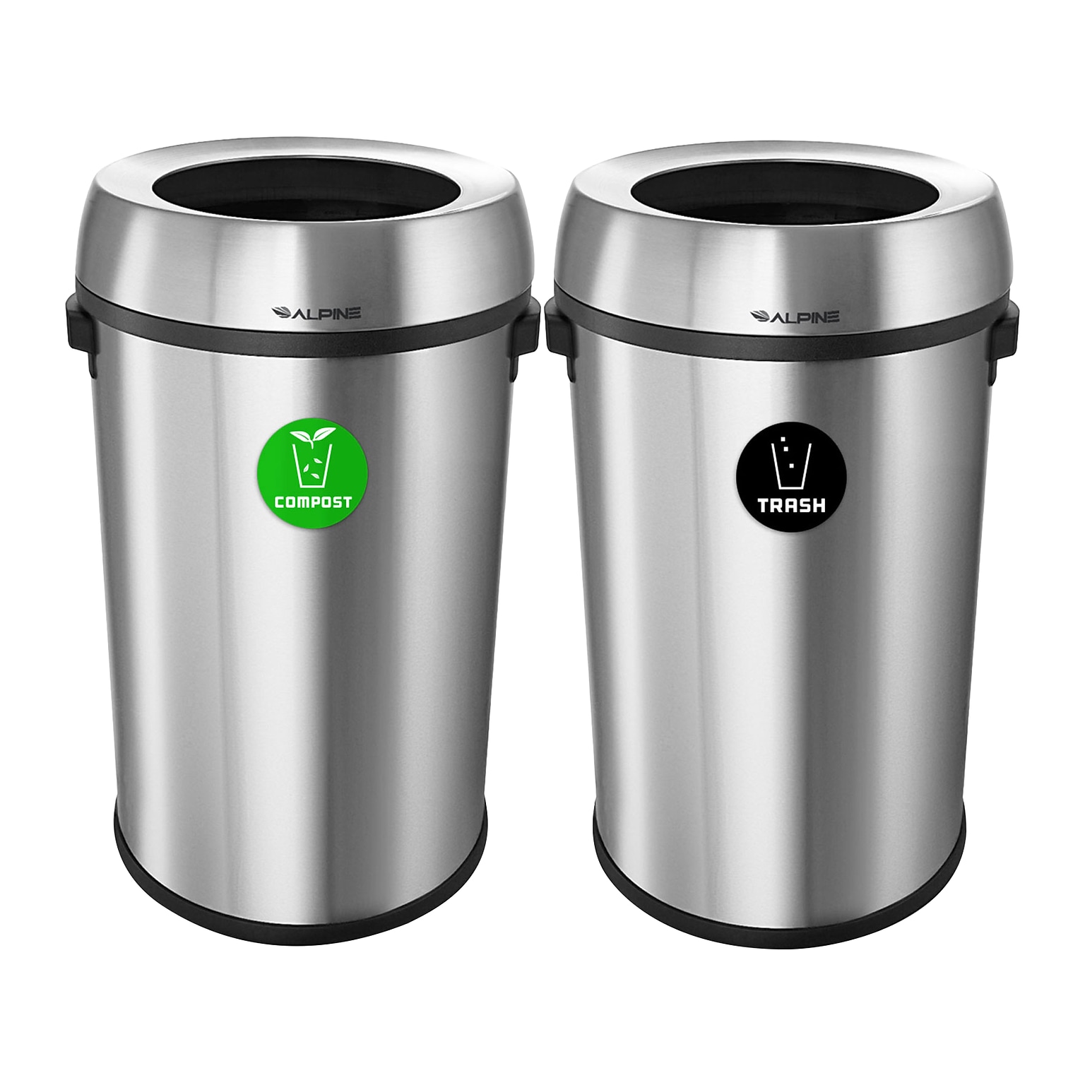 Alpine Industries Stainless Steel Compost and Trash Station with Open Lid, 34 Gallon, Silver, 2/Pack (ALP470-65L-CO-T)