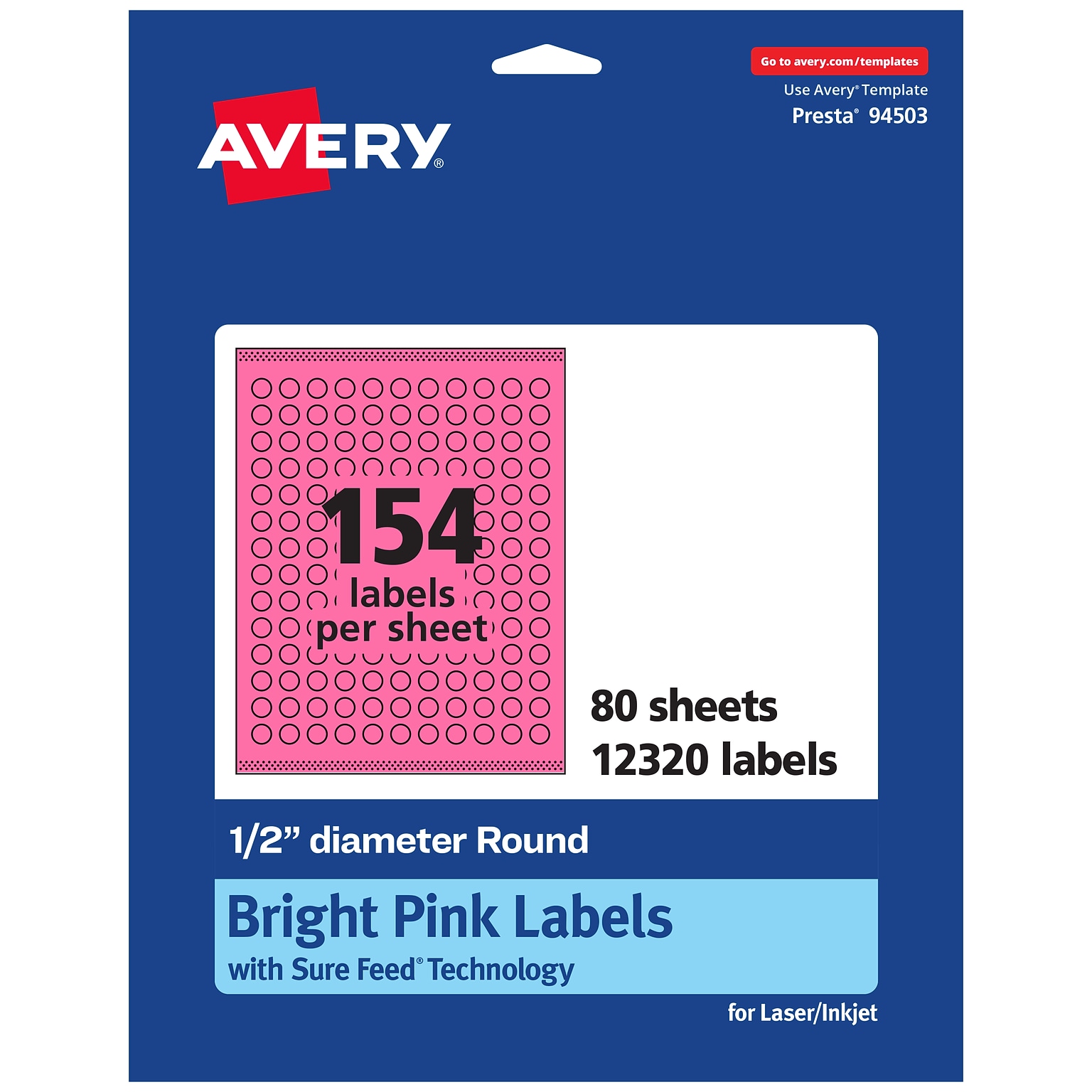 Avery Laser/Inkjet Round Multipurpose Labels, Bright Pink, 154 Labels/Sheet, 80 Sheets/Pack (94503-BPP80)