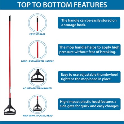 BISON LIFE 63" Quick Change Metal Wet Mop Handle, Red/Black, 6/Pack (BP-RMH-09)