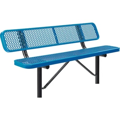 Global Industrial 6 Outdoor Steel Bench w/ Backrest, Expanded Metal, In Ground Mount, Blue (277154I