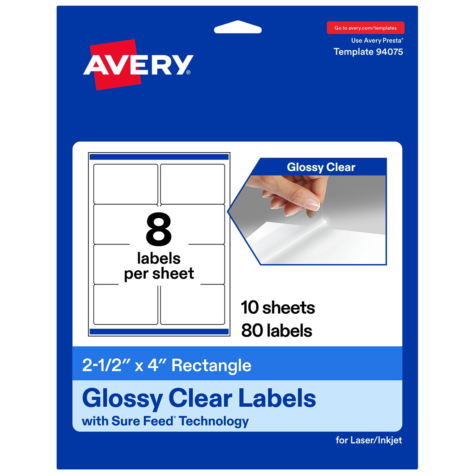 Avery Rectangle Laser/Inkjet Multipurpose Labels, Clear, 8 Labels/Sheet, 10 Sheets/Pack (19479311191)