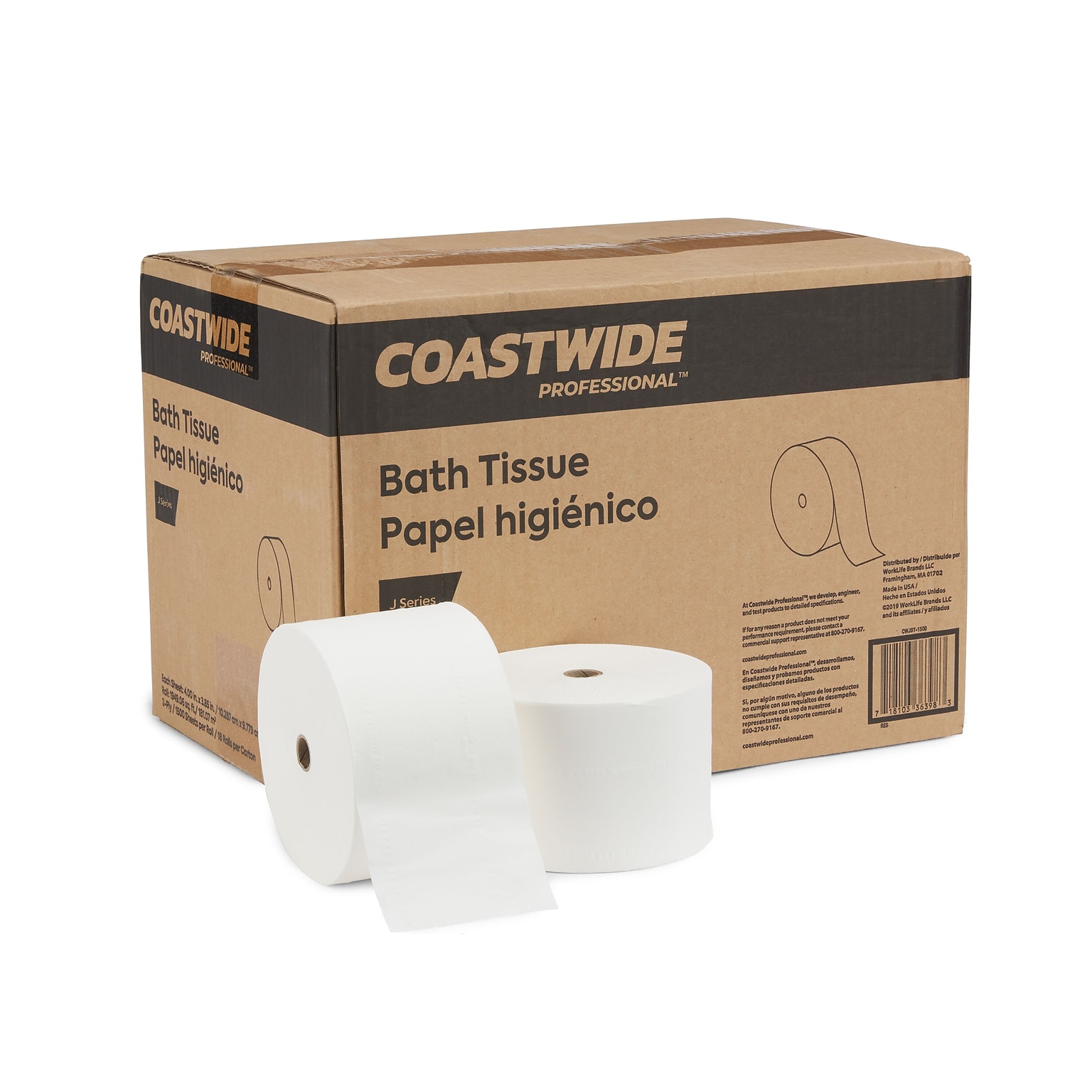 Coastwide Professional™ J-Series 2-Ply Small Core Bath Tissue, White, 1500 Sheets/Roll, 18 Rolls/Carton (CWJBT-1500)