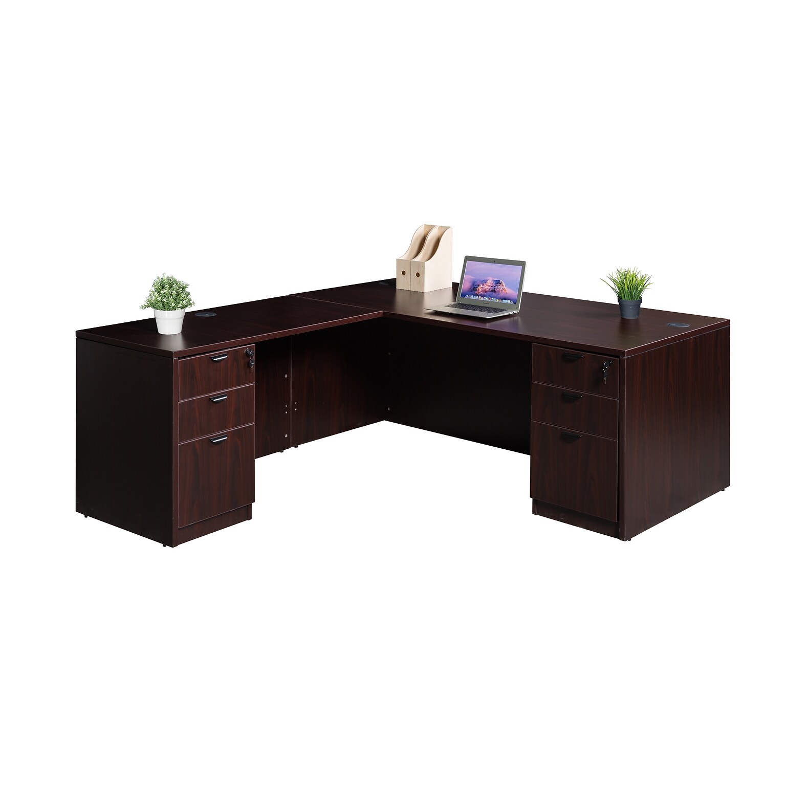 Boss Office Products 66 L-Shaped Desk with 2 File Pedestals, Mahogany (GROUPA21-M)