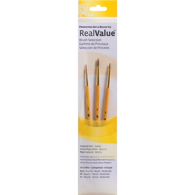 Princeton RealValue Short Handle Mixed Media Natural Camel Variety Round Brush Set, 3/Set, 6 Sets/Bundle (PBXPR9105-6)