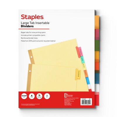 Staples Big Tab Insertable Dividers, 8-Tab – Buff Paper Dividers with Assorted Color Tabs for Binders