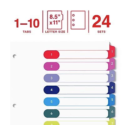 Staples Customizable Table of Contents Numeric Dividers, 10-Tabs, 24 Sets, Multicolor