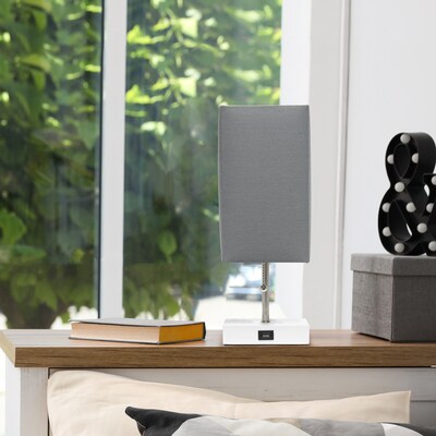 Simple Designs Petite White Stick Lamp with USB Charging Port and Fabric Shade, Gray (LT1088-GOW)