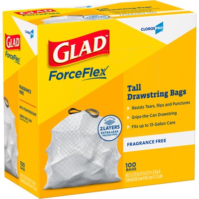 Glad ForceFlex Tall 13 Gallon Drawstring Commercial Trash Bag, Low Density, 0.6 mil, White, 100 Total Bags (78374)