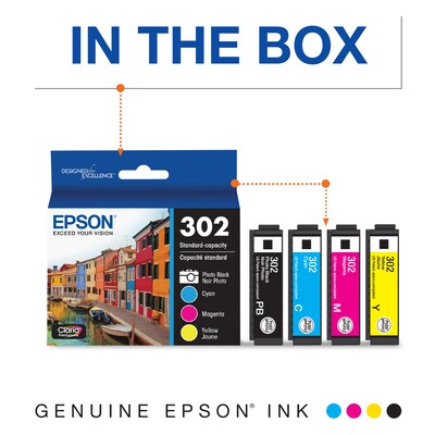 Epson T302 Photo Black/Cyan/Magenta/Yellow Standard Yield Ink Cartridge, 4/Pack (T302520-S)