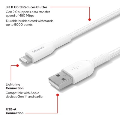 Staples TECH Lightning to USB-A Charging Cable, 3.3 ft., White (ST62329)