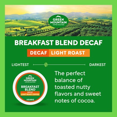Green Mountain Breakfast Blend Decaf Coffee Keurig® K-Cup® Pods, Light Roast, 96/Carton (7522)
