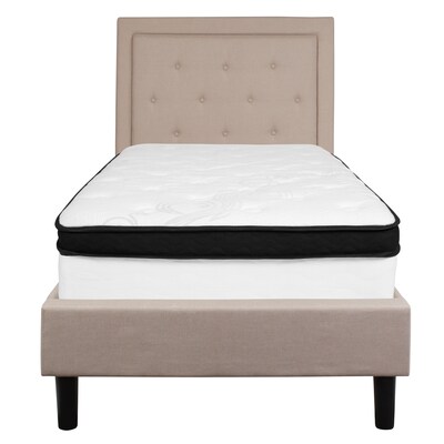Flash Furniture Roxbury Tufted Upholstered Platform Bed in Beige Fabric with Memory Foam Mattress, Twin (SLBMF17)