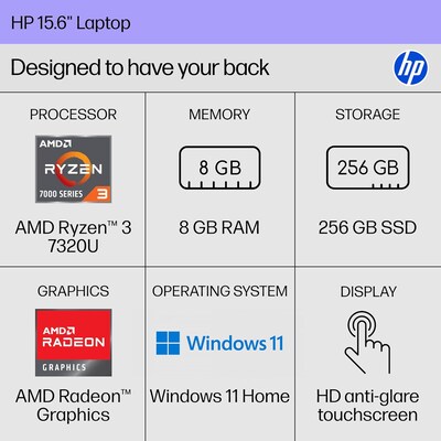 HP 15.6 Touchscreen Laptop, AMD Ryzen 3 7320U, 8GB RAM, 256GB SSD, Windows 11 Home (B8QH9UA)